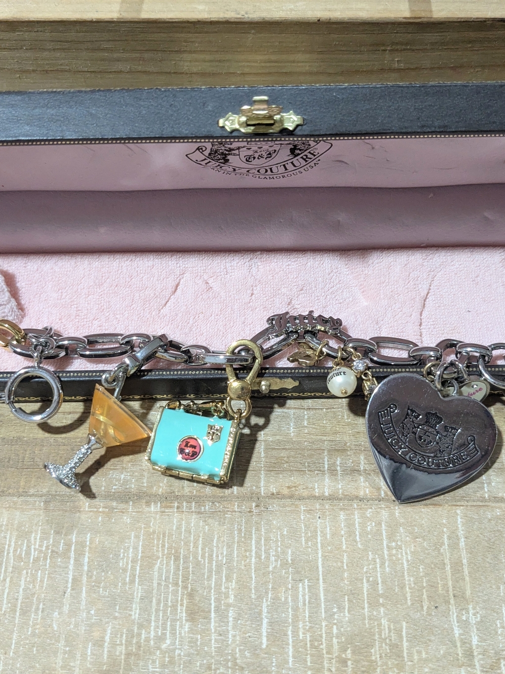 Juicy Couture Silver Charm Bracelet with Pink and Turquoise Charms